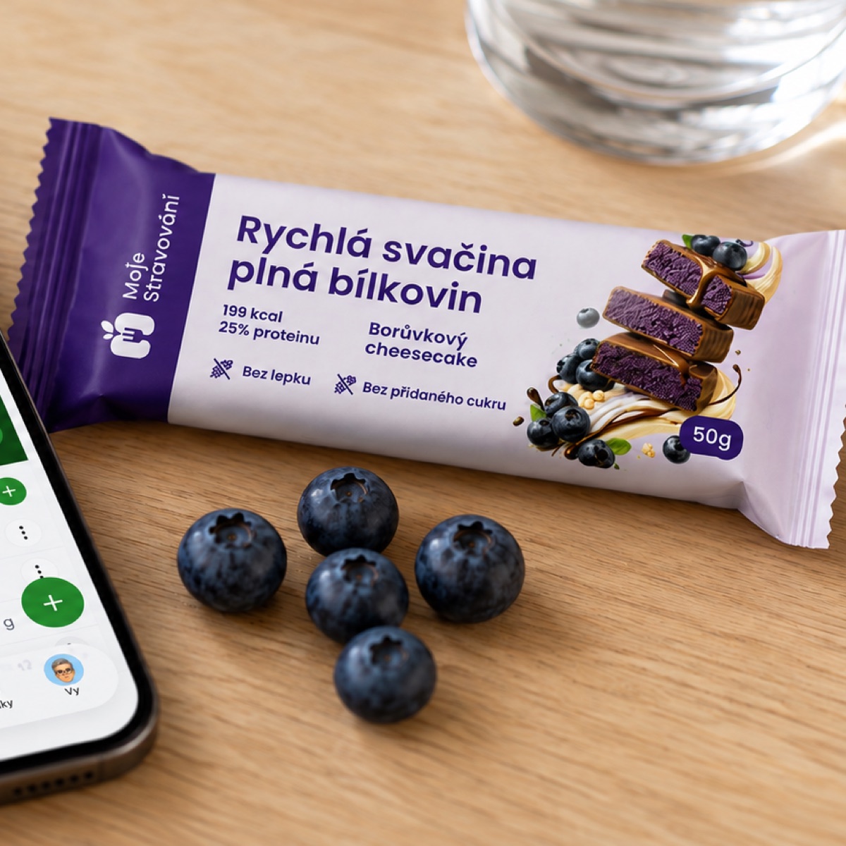 Tyčinka Rychlá svačina plná bílkovin v obalu s borůvkami
